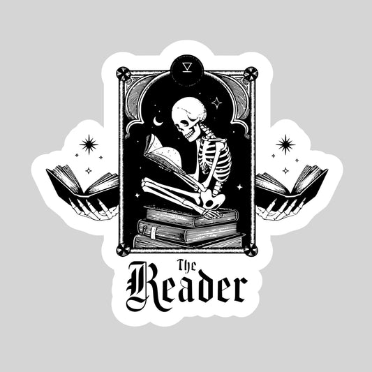 The Reader Tarot Card B&W – 3" Waterproof Bookish Sticker with Holo Overlay – Reading, Books, Reader Gift, Book Lover