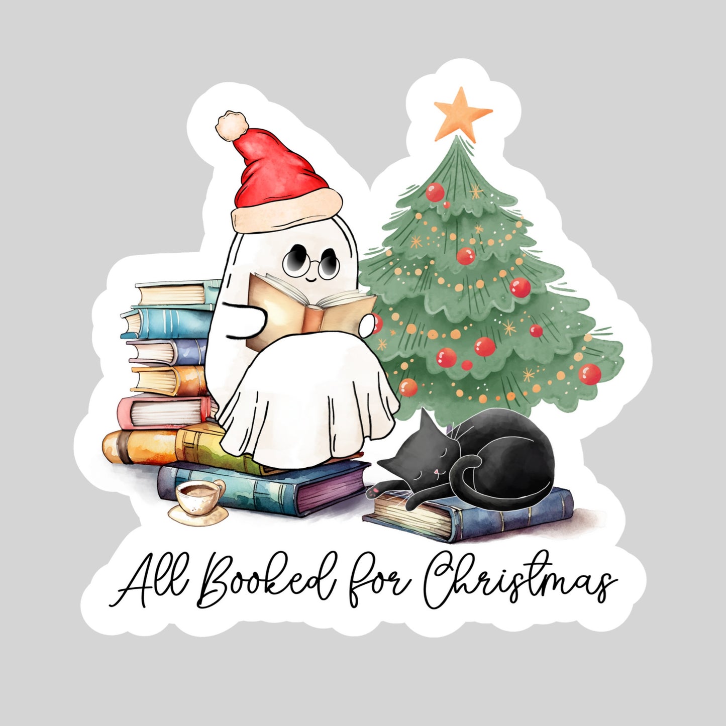 All Booked For Christmas – 3" Waterproof Bookish Sticker with Holo Overlay – Reading, Books, Reader Gift, Book Lover