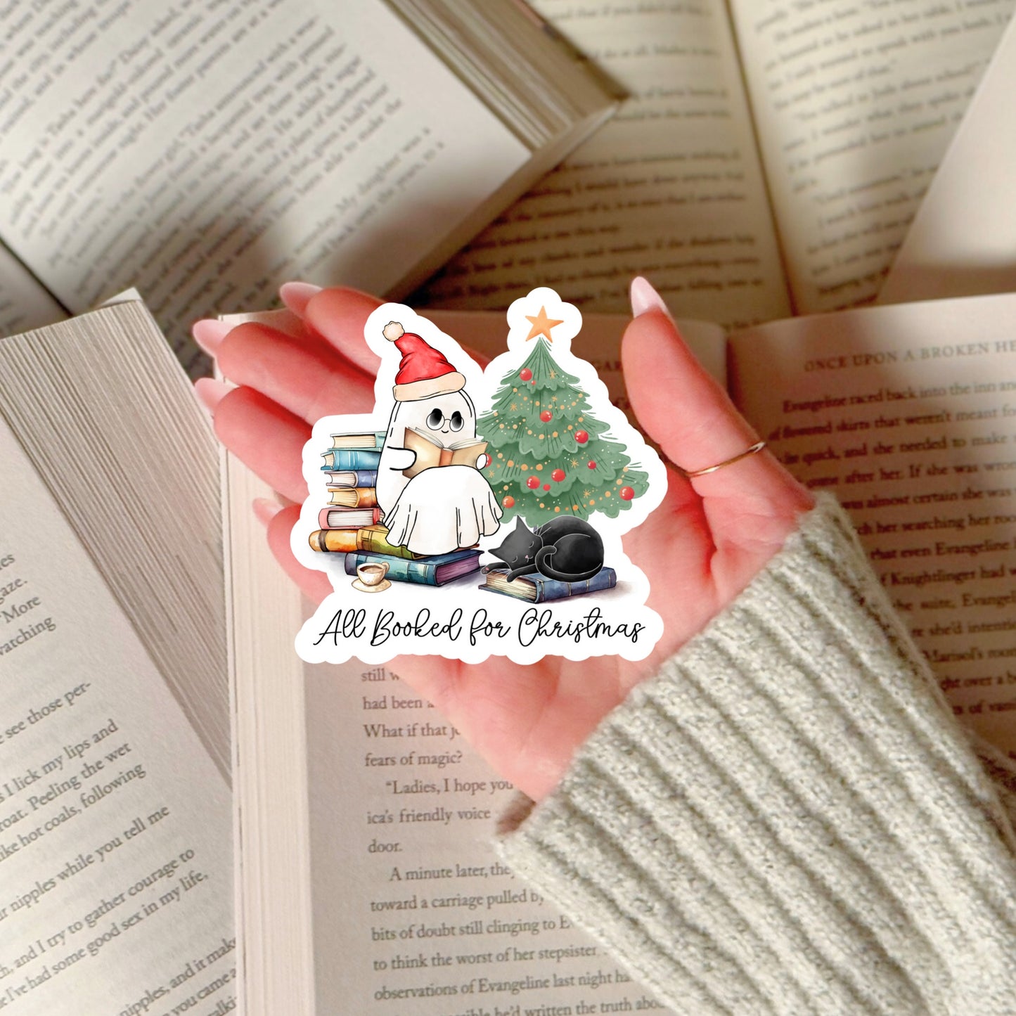 All Booked For Christmas – 3" Waterproof Bookish Sticker with Holo Overlay – Reading, Books, Reader Gift, Book Lover