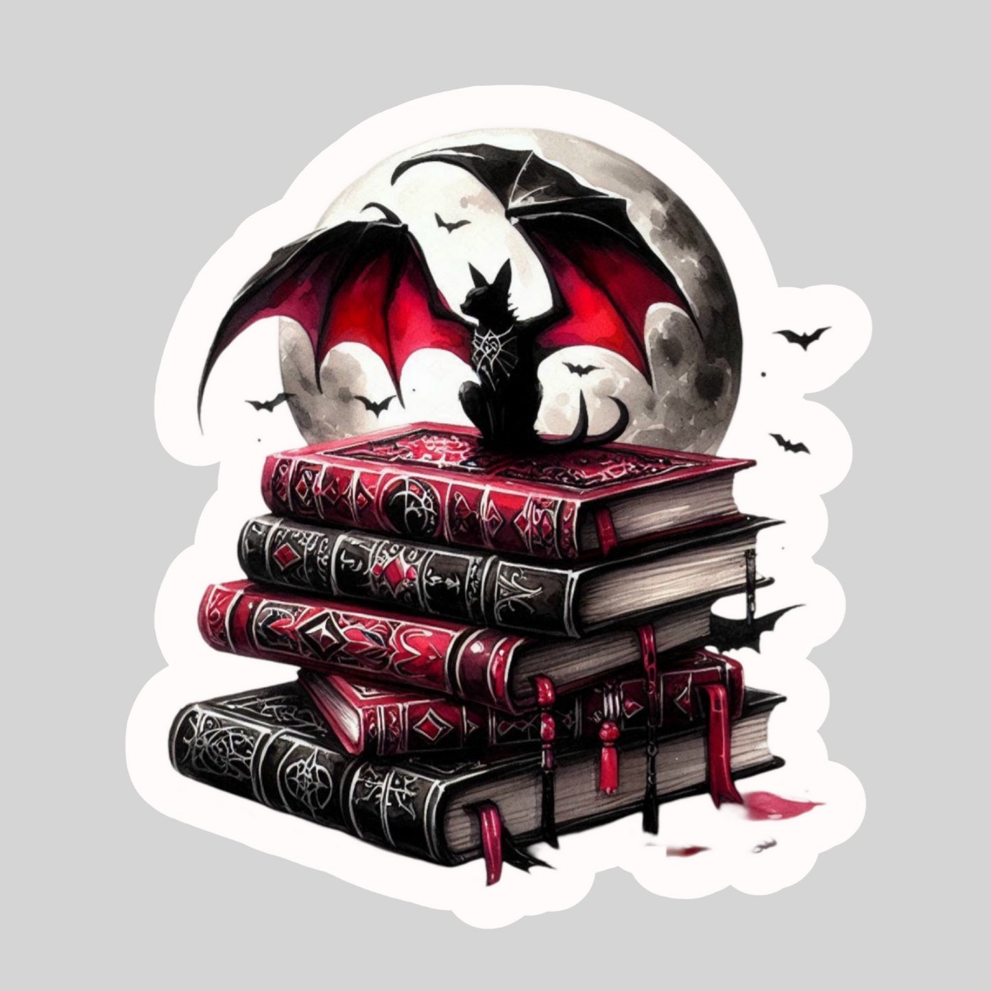 Gothic Dark Romance Bat on Books – 3" Waterproof Bookish Sticker with Holo Overlay – Reading, Books, Reader Gift, Book Lover