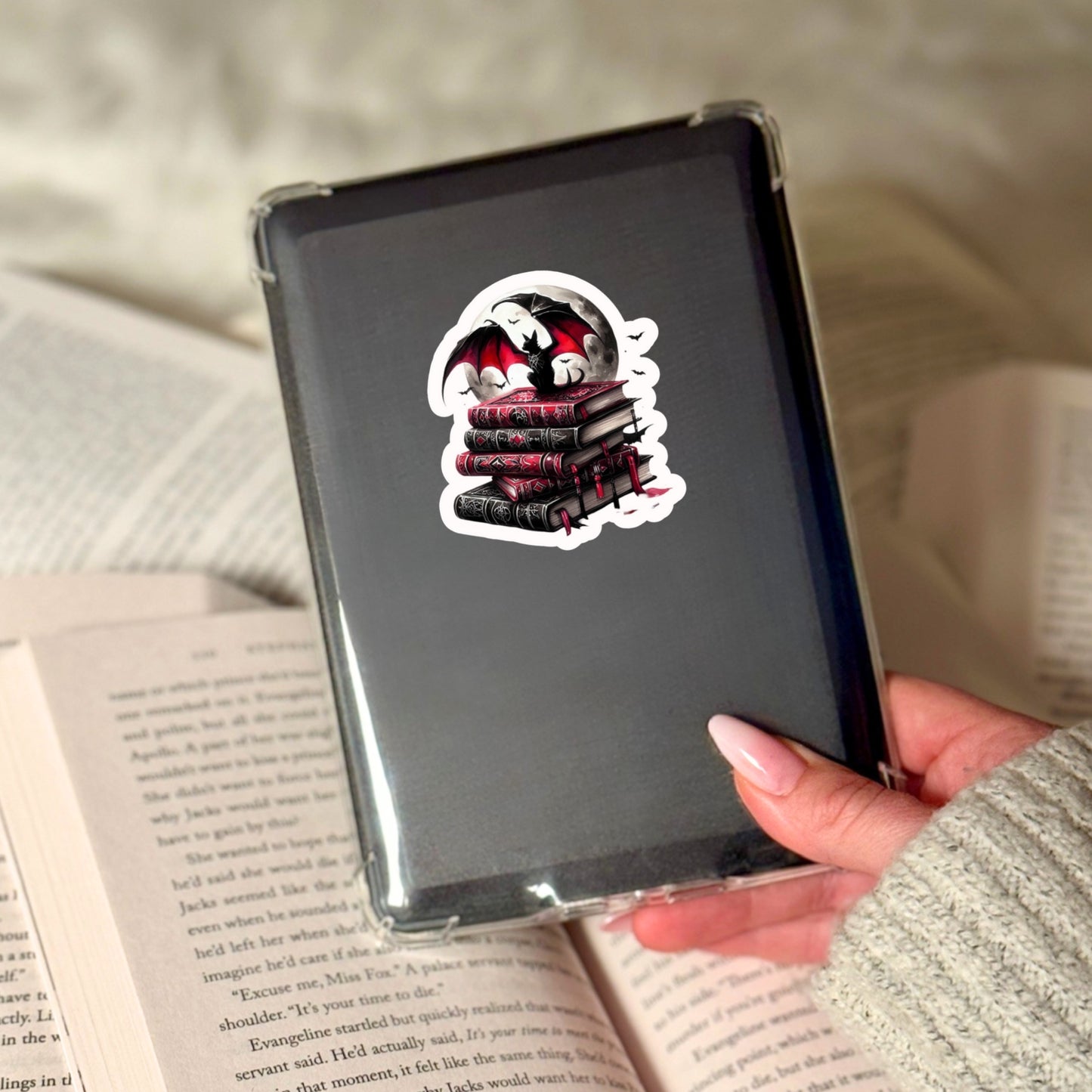 Gothic Dark Romance Bat on Books – 3" Waterproof Bookish Sticker with Holo Overlay – Reading, Books, Reader Gift, Book Lover