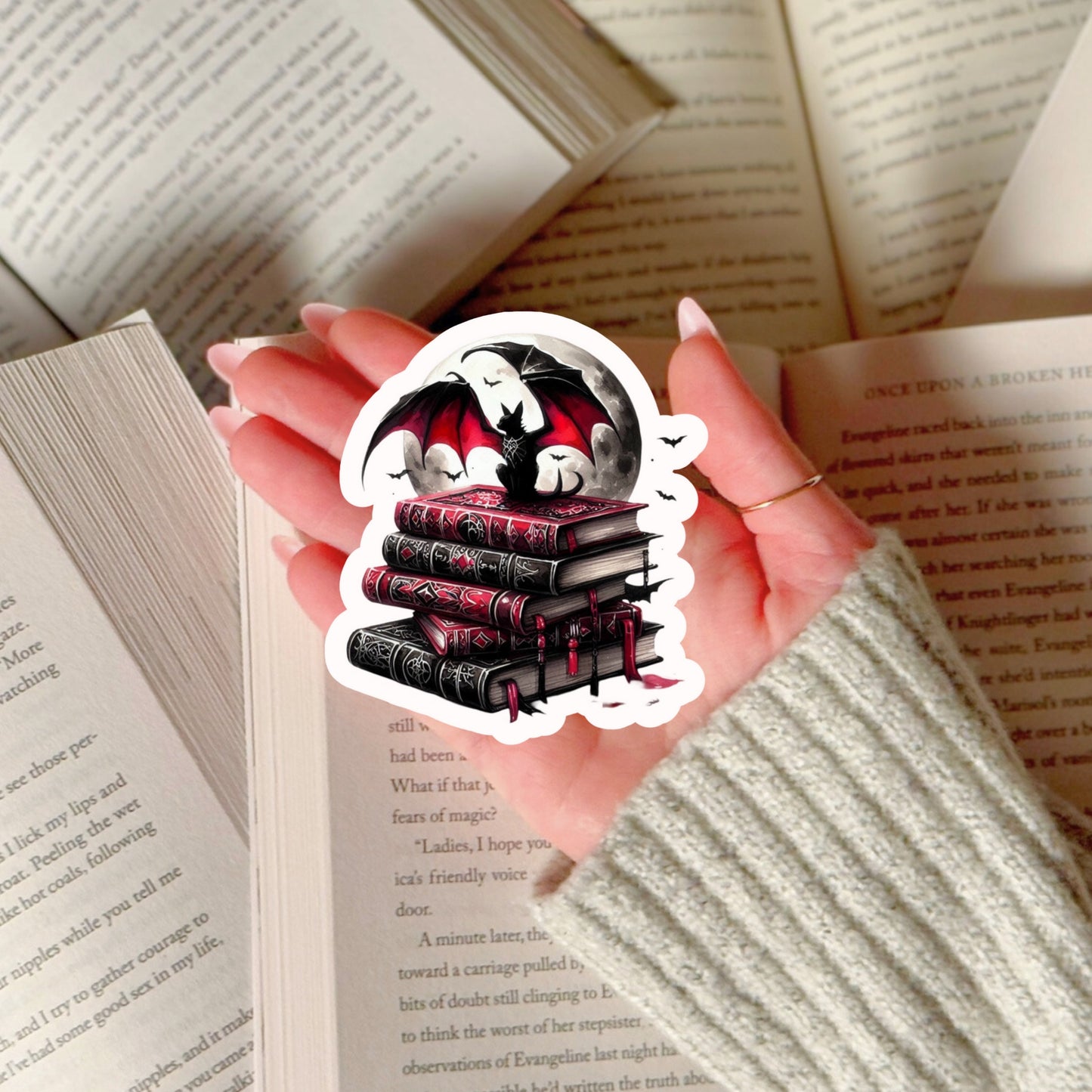 Gothic Dark Romance Bat on Books – 3" Waterproof Bookish Sticker with Holo Overlay – Reading, Books, Reader Gift, Book Lover