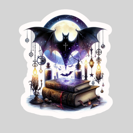 Dark Gothic Bat Book Scene – 3" Waterproof Bookish Sticker with Holo Overlay – Reading, Books, Reader Gift, Book Lover