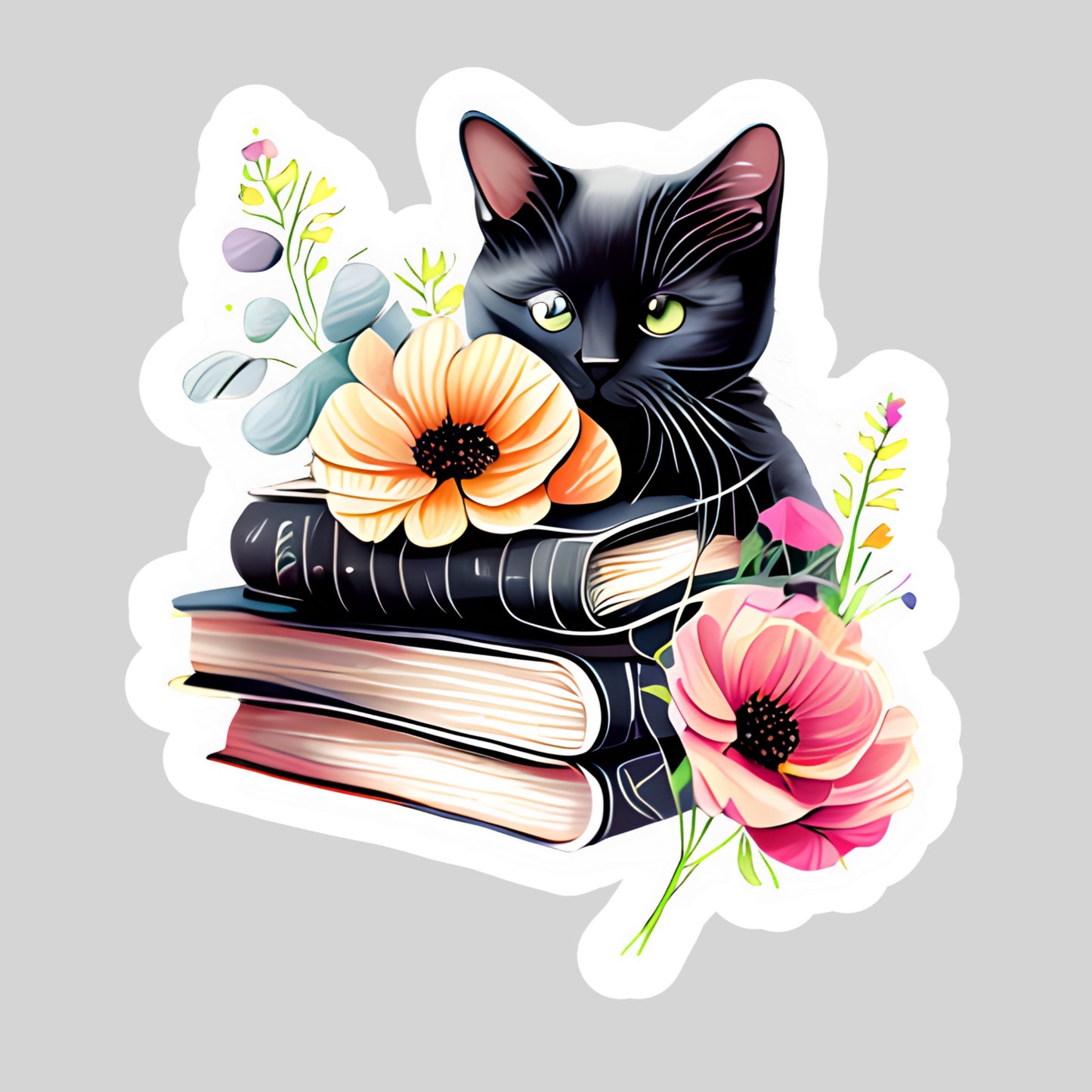 Black Cat with Floral Books – 3" Waterproof Bookish Sticker with Holo Overlay – Reading, Books, Reader Gift, Book Lover