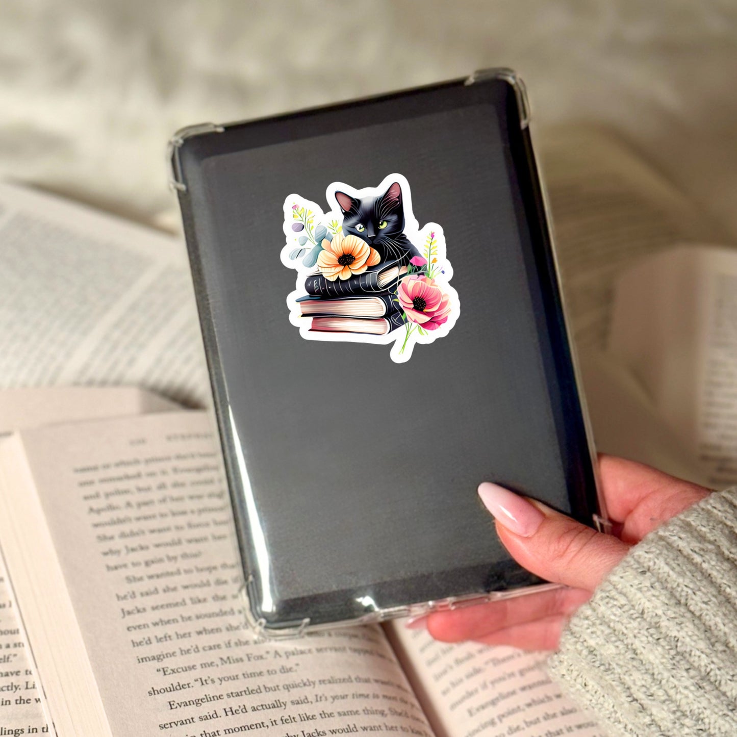 Black Cat with Floral Books – 3" Waterproof Bookish Sticker with Holo Overlay – Reading, Books, Reader Gift, Book Lover