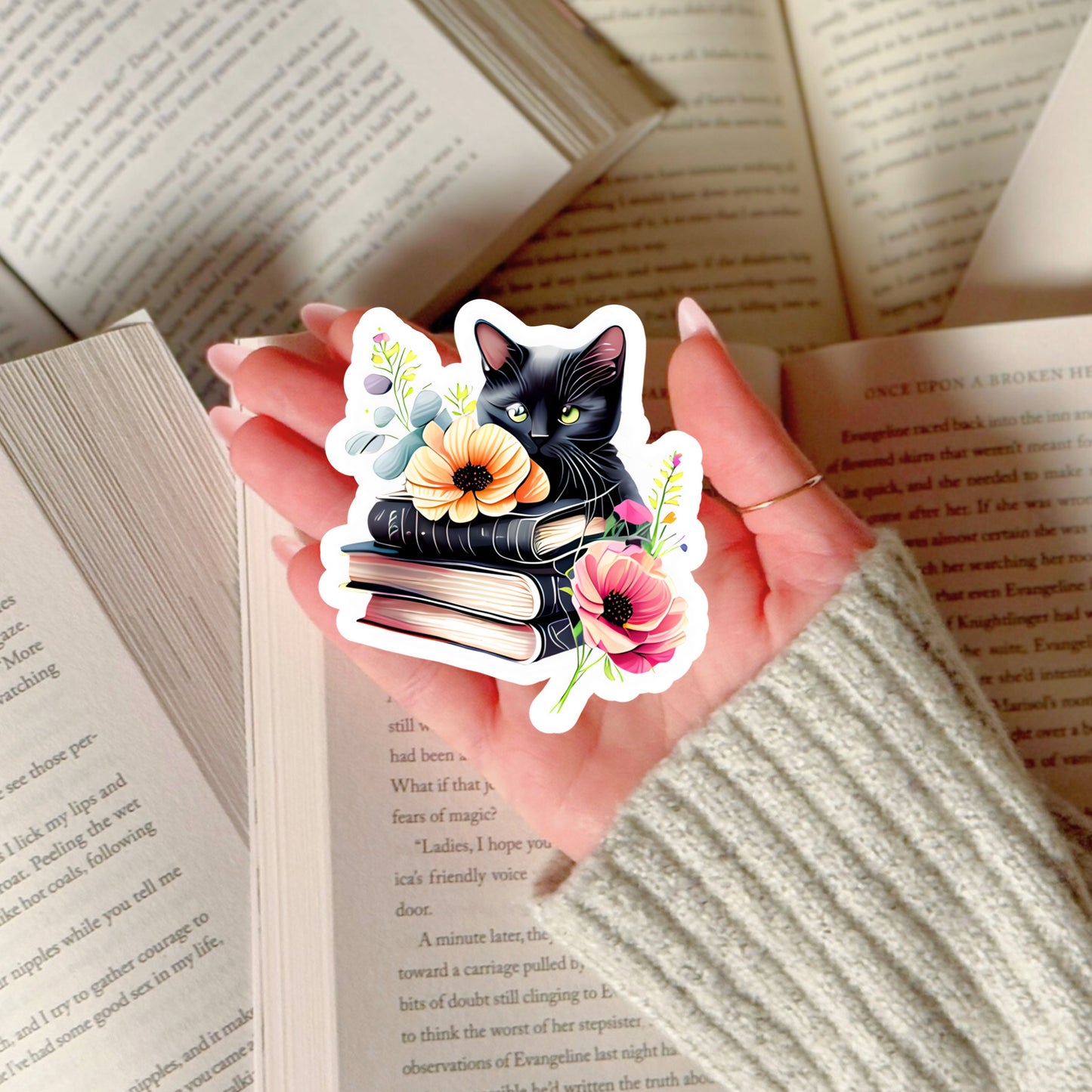 Black Cat with Floral Books – 3" Waterproof Bookish Sticker with Holo Overlay – Reading, Books, Reader Gift, Book Lover