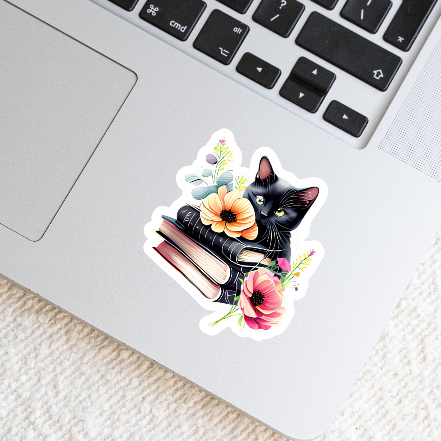 Black Cat with Floral Books – 3" Waterproof Bookish Sticker with Holo Overlay – Reading, Books, Reader Gift, Book Lover