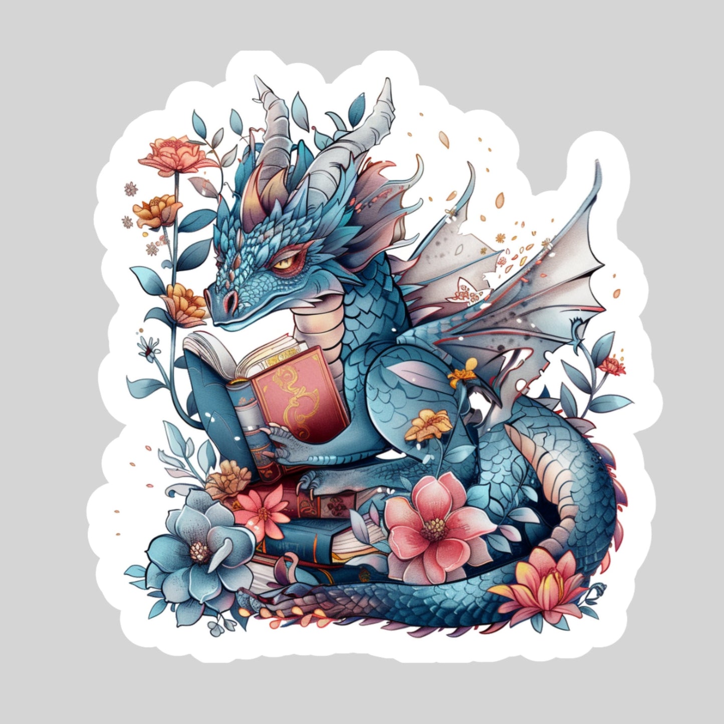 Blue Gothic Floral Dragon with Books – 3" Waterproof Bookish Sticker with Holo Overlay – Reading, Books, Reader Gift, Book Lover