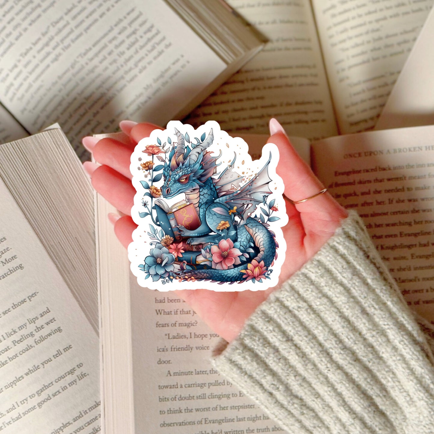 Blue Gothic Floral Dragon with Books – 3" Waterproof Bookish Sticker with Holo Overlay – Reading, Books, Reader Gift, Book Lover
