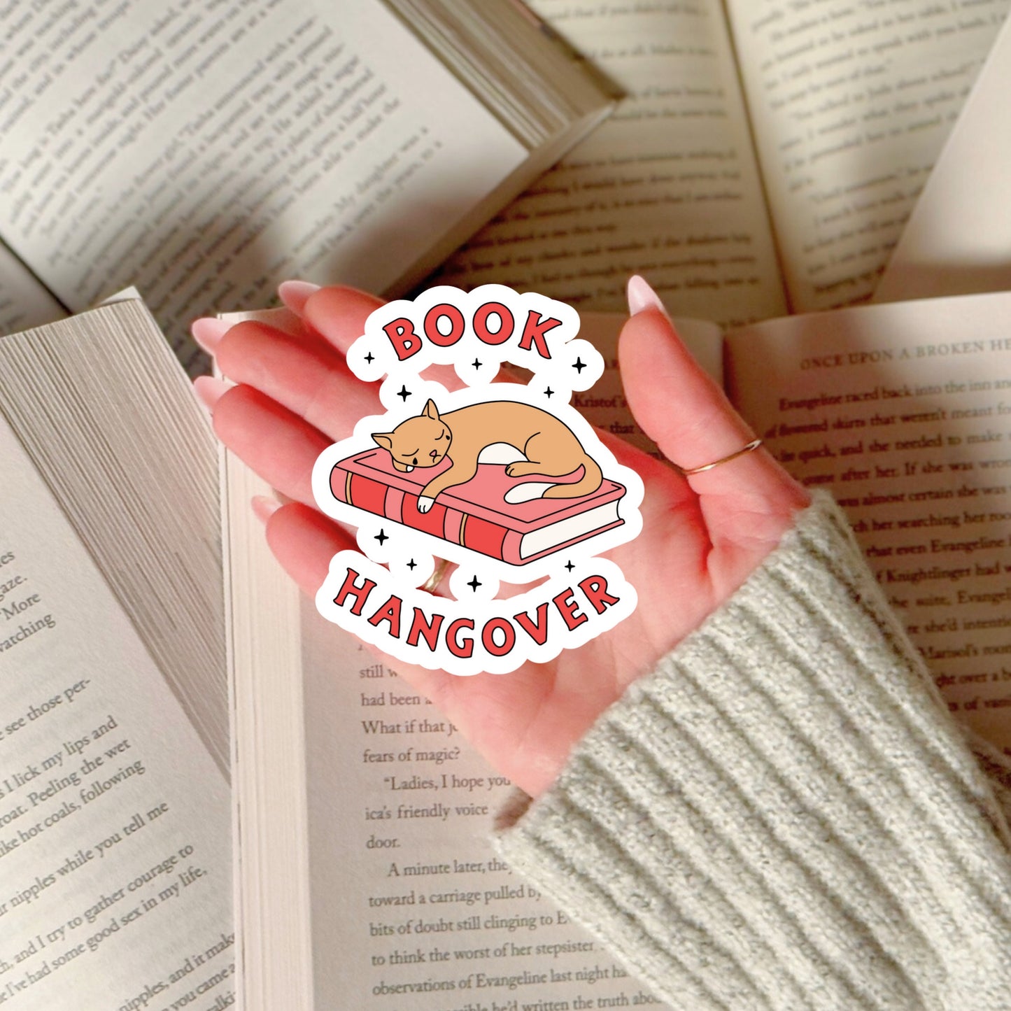 Book Hangover with Cat – 3" Waterproof Bookish Sticker with Holo Overlay – Reading, Books, Reader Gift, Book Lover