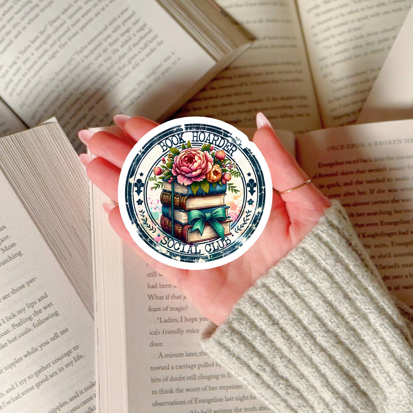 Book Hoarder Social Club – 3" Waterproof Bookish Sticker with Holo Overlay – Reading, Books, Reader Gift, Book Lover