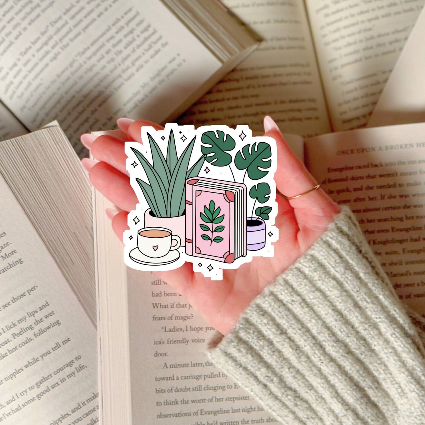 Cozy Books and Plants  – 3" Waterproof Bookish Sticker with Holo Overlay – Reading, Books, Reader Gift, Book Lover