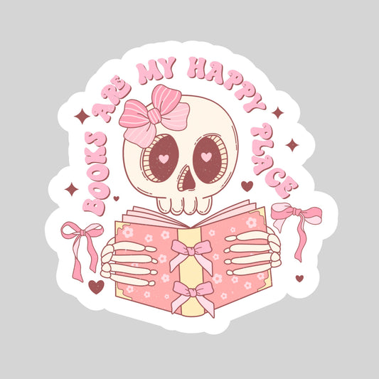 Books are My Happy Place Pink Skeleton Skull – 3" Waterproof Bookish Sticker with Holo Overlay – Reading, Books, Reader Gift, Book Lover