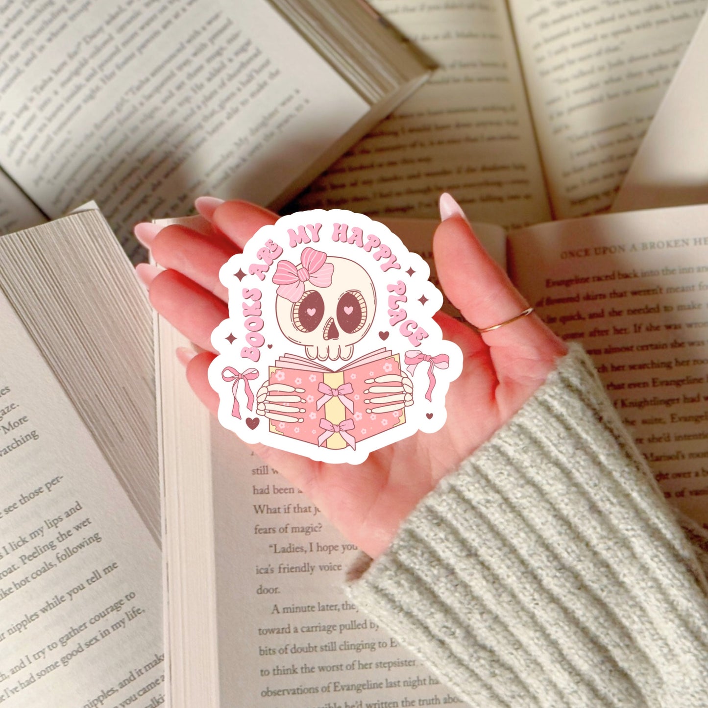 Books are My Happy Place Pink Skeleton Skull – 3" Waterproof Bookish Sticker with Holo Overlay – Reading, Books, Reader Gift, Book Lover
