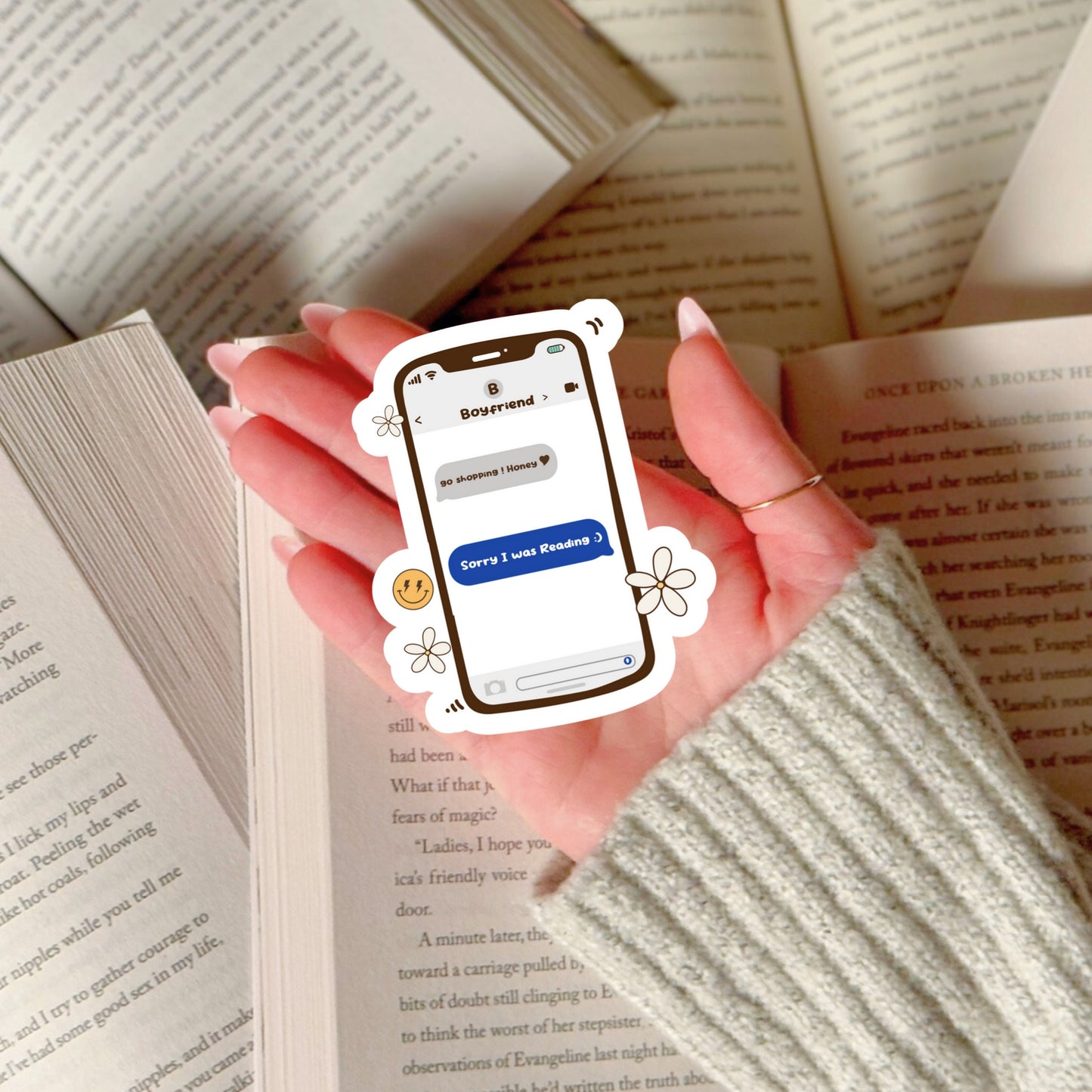 Funny Boyfriend Book Text – 3" Waterproof Bookish Sticker with Holo Overlay – Reading, Books, Reader Gift, Book Lover