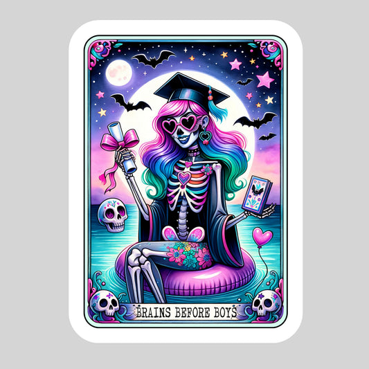 Brains Before Books Tarot Card Sticker – 3" Waterproof Bookish Sticker with Holo Overlay – Reading, Books, Reader Gift, Book Lover