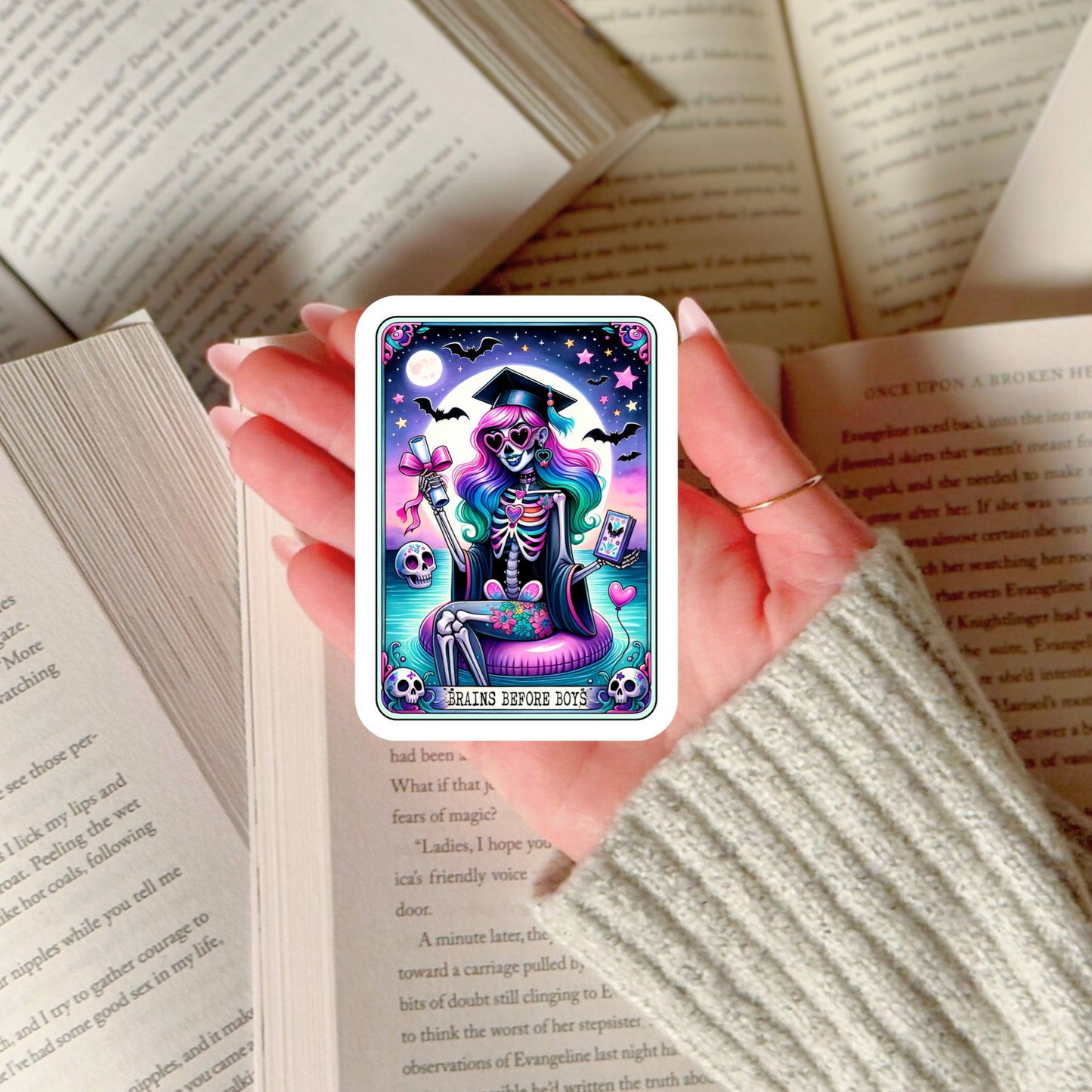 Brains Before Books Tarot Card Sticker – 3" Waterproof Bookish Sticker with Holo Overlay – Reading, Books, Reader Gift, Book Lover