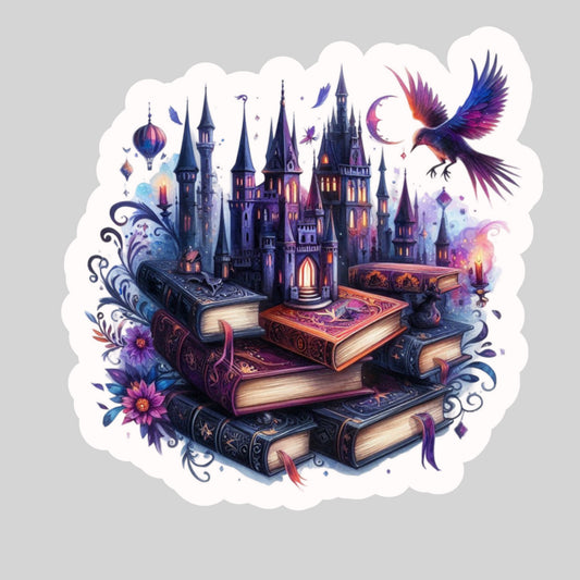 Gothic Romantasy Castle With Books – 3" Waterproof Bookish Sticker with Holo Overlay – Reading, Books, Reader Gift, Book Lover