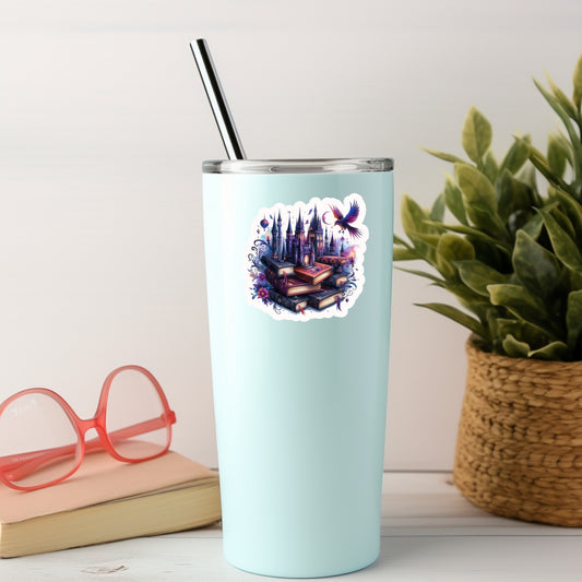 Gothic Romantasy Castle With Books – 3" Waterproof Bookish Sticker with Holo Overlay – Reading, Books, Reader Gift, Book Lover