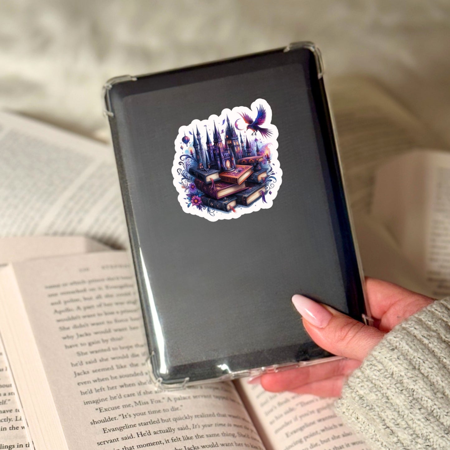 Gothic Romantasy Castle With Books – 3" Waterproof Bookish Sticker with Holo Overlay – Reading, Books, Reader Gift, Book Lover