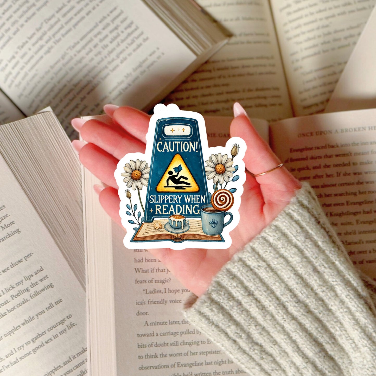 Caution Slippery When Wet Smut Reader – 3" Waterproof Bookish Sticker with Holo Overlay – Reading, Books, Reader Gift, Book Lover