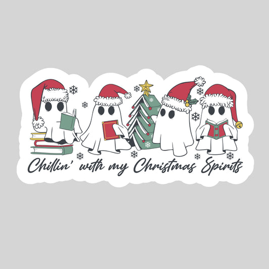 Chillin With My Christmas Spirits Ghost – 3" Waterproof Bookish Sticker with Holo Overlay – Reading, Books, Reader Gift, Book Lover