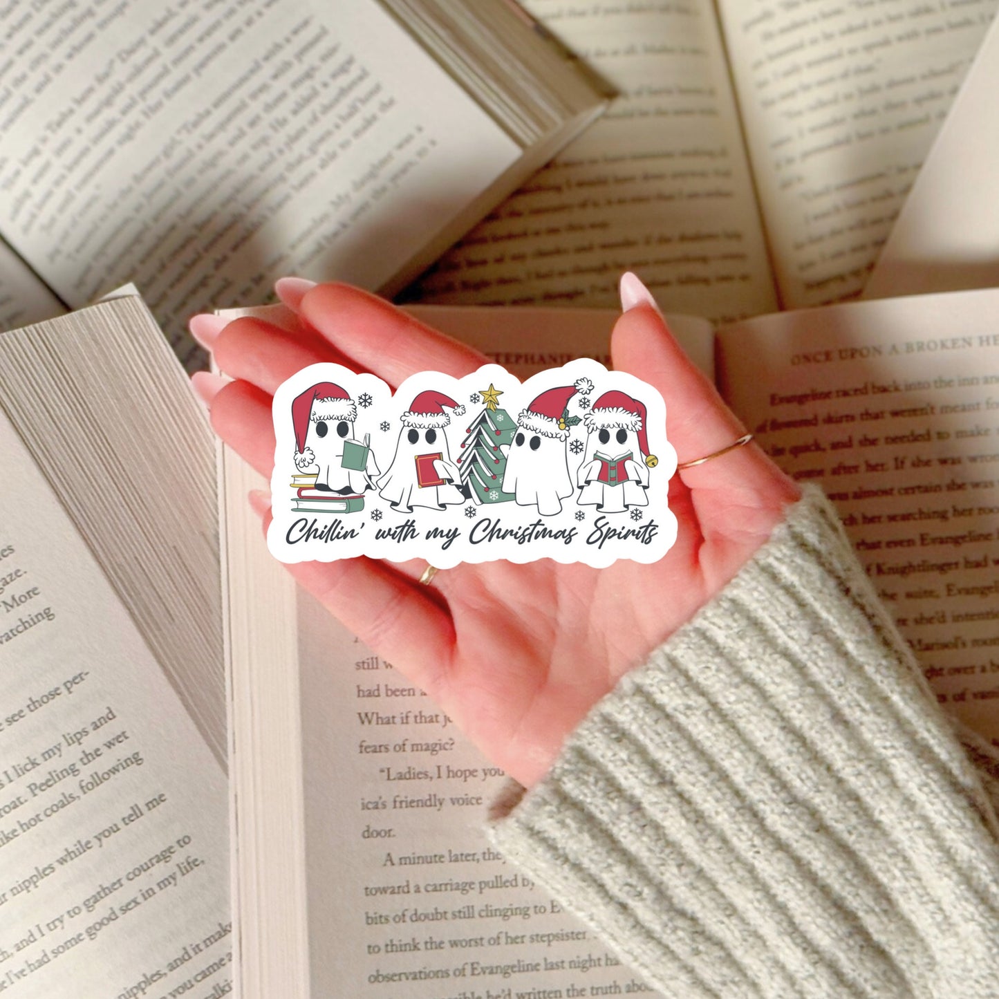 Chillin With My Christmas Spirits Ghost – 3" Waterproof Bookish Sticker with Holo Overlay – Reading, Books, Reader Gift, Book Lover