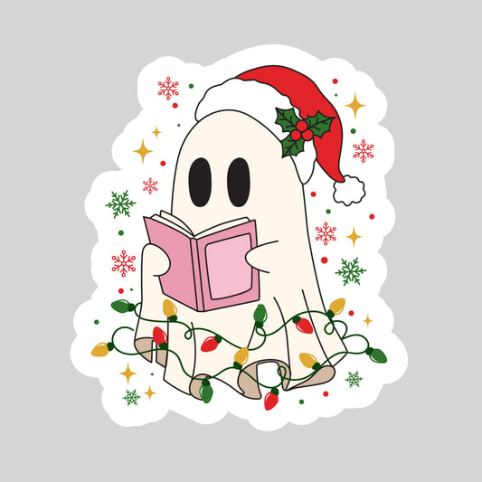 Christmas Ghost Reading with Lights – 3" Waterproof Bookish Sticker with Holo Overlay – Reading, Books, Reader Gift, Book Lover