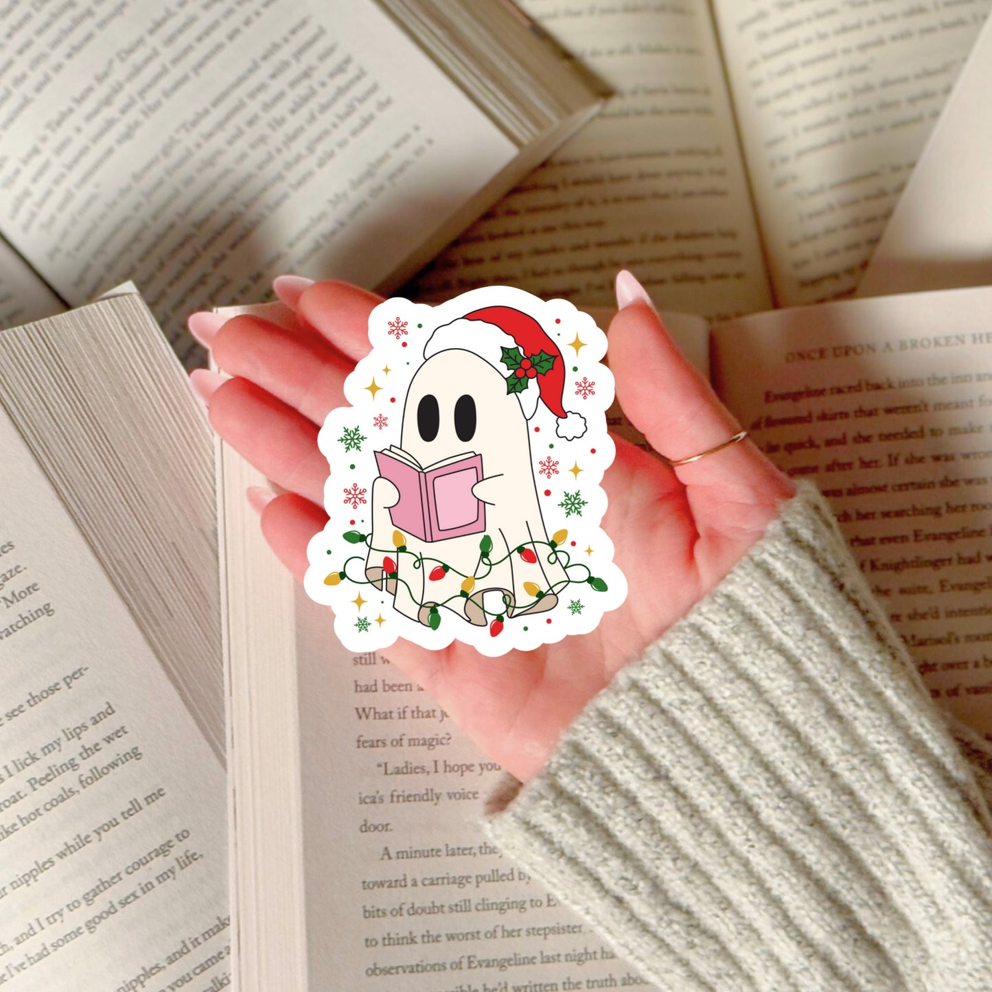 Christmas Ghost Reading with Lights  – 3" Waterproof Bookish Sticker with Holo Overlay – Reading, Books, Reader Gift, Book Lover