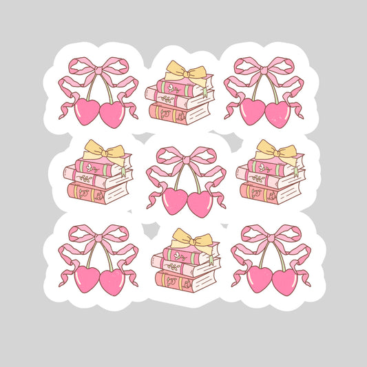 Book Girlie Coquette Cherries and Bows – 3" Waterproof Bookish Sticker with Holo Overlay – Reading, Books, Reader Gift, Book Lover