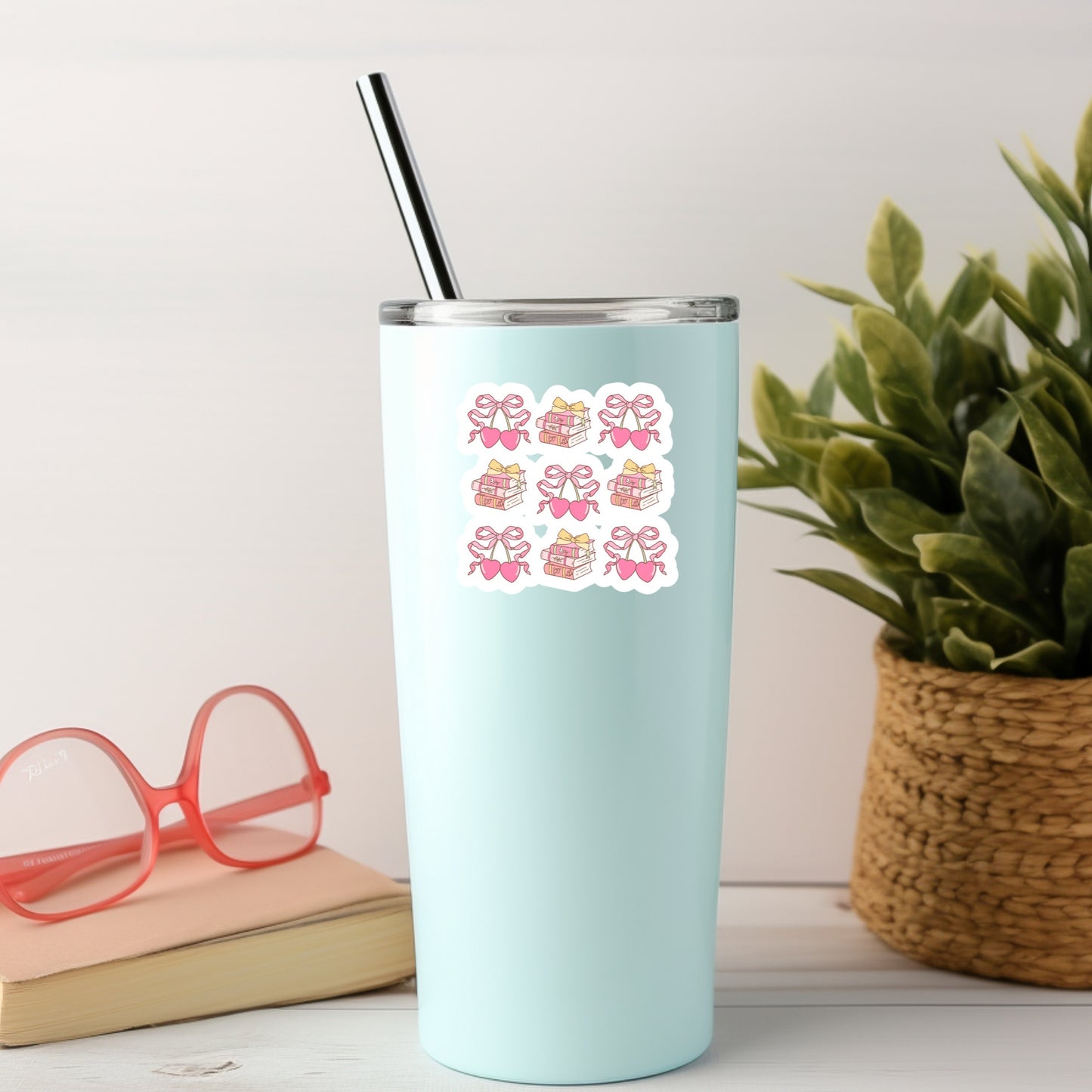 Book Girlie Coquette Cherries and Bows – 3" Waterproof Bookish Sticker with Holo Overlay – Reading, Books, Reader Gift, Book Lover