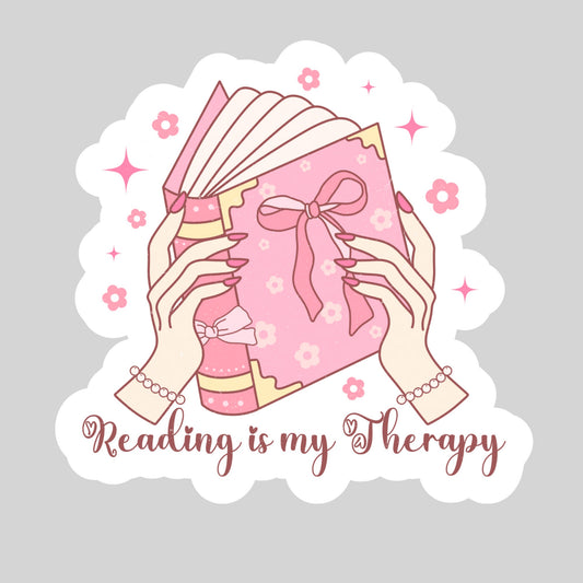 Reading is My Therapy Pink Coquette Girlie – 3" Waterproof Bookish Sticker with Holo Overlay – Reading, Books, Reader Gift, Book Lover
