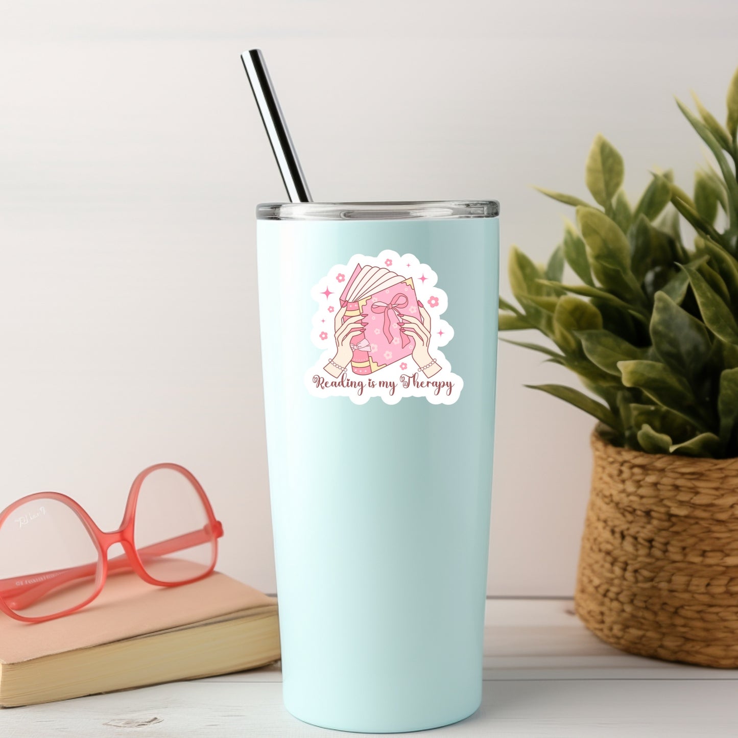 Reading is My Therapy Pink Coquette Girlie – 3" Waterproof Bookish Sticker with Holo Overlay – Reading, Books, Reader Gift, Book Lover