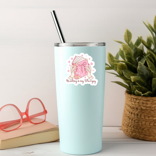Reading is My Therapy Pink Coquette Girlie – 3" Waterproof Bookish Sticker with Holo Overlay – Reading, Books, Reader Gift, Book Lover