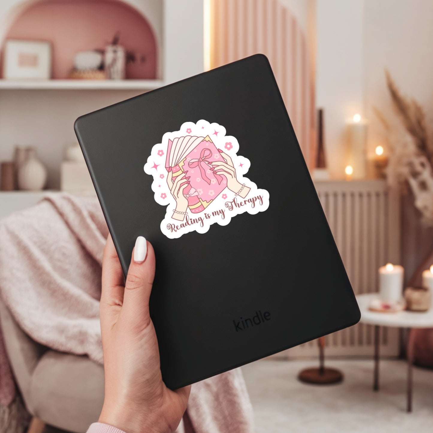 Reading is My Therapy Pink Coquette Girlie – 3" Waterproof Bookish Sticker with Holo Overlay – Reading, Books, Reader Gift, Book Lover