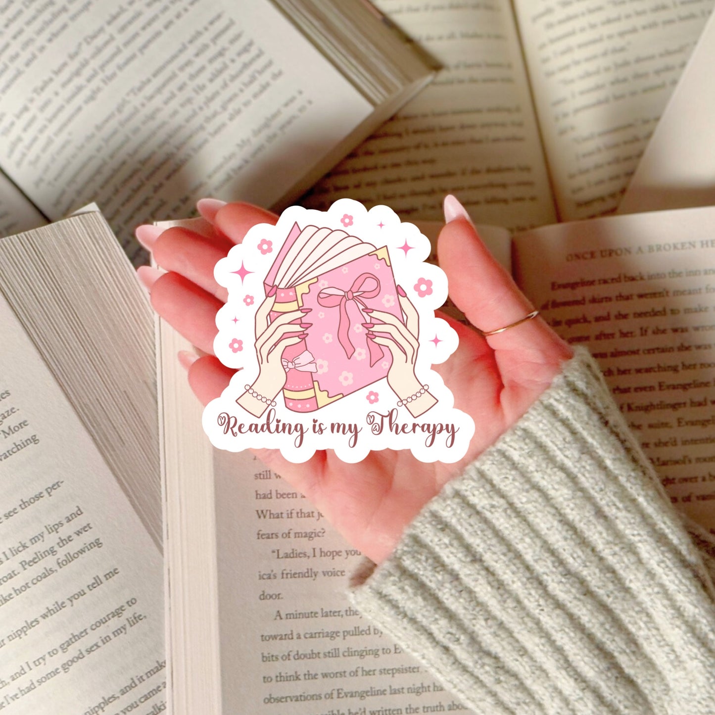 Reading is My Therapy Pink Coquette Girlie – 3" Waterproof Bookish Sticker with Holo Overlay – Reading, Books, Reader Gift, Book Lover