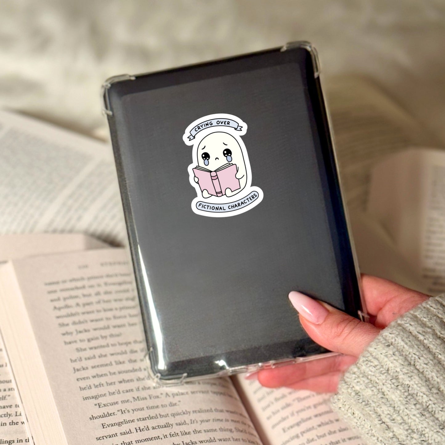 Crying Over Fictional Characters Ghost – 3" Waterproof Bookish Sticker with Holo Overlay – Reading, Books, Reader Gift, Book Lover