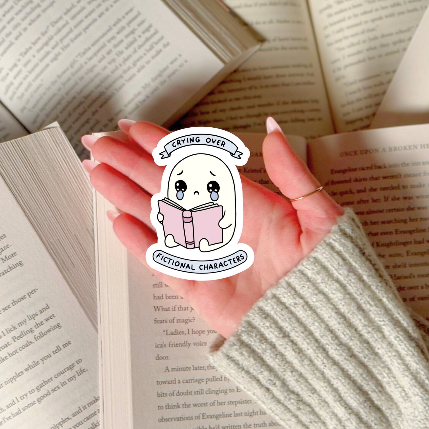 Crying Over Fictional Characters Ghost – 3" Waterproof Bookish Sticker with Holo Overlay – Reading, Books, Reader Gift, Book Lover