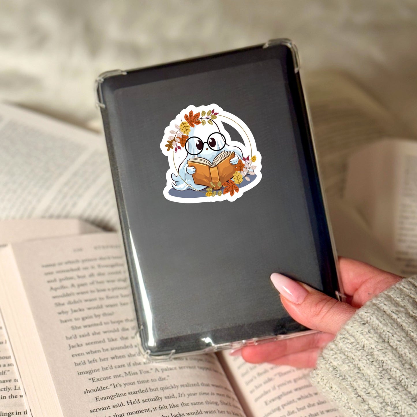 Cute Fall Reading Ghosty Ghost – 3" Waterproof Bookish Sticker with Holo Overlay – Reading, Books, Reader Gift, Book Lover