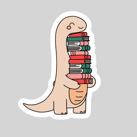 Cute Dino Dinosaur with Stack of Books – 3" Waterproof Bookish Sticker with Holo Overlay – Reading, Books, Reader Gift, Book Lover