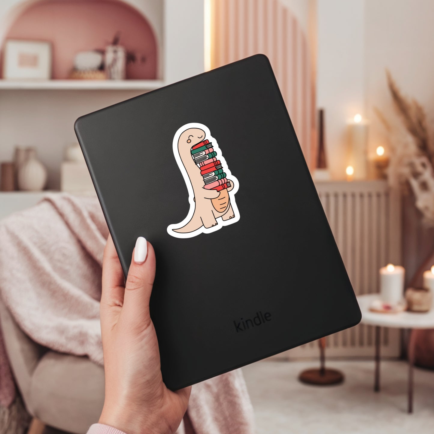 Cute Dino Dinosaur with Stack of Books – 3" Waterproof Bookish Sticker with Holo Overlay – Reading, Books, Reader Gift, Book Lover