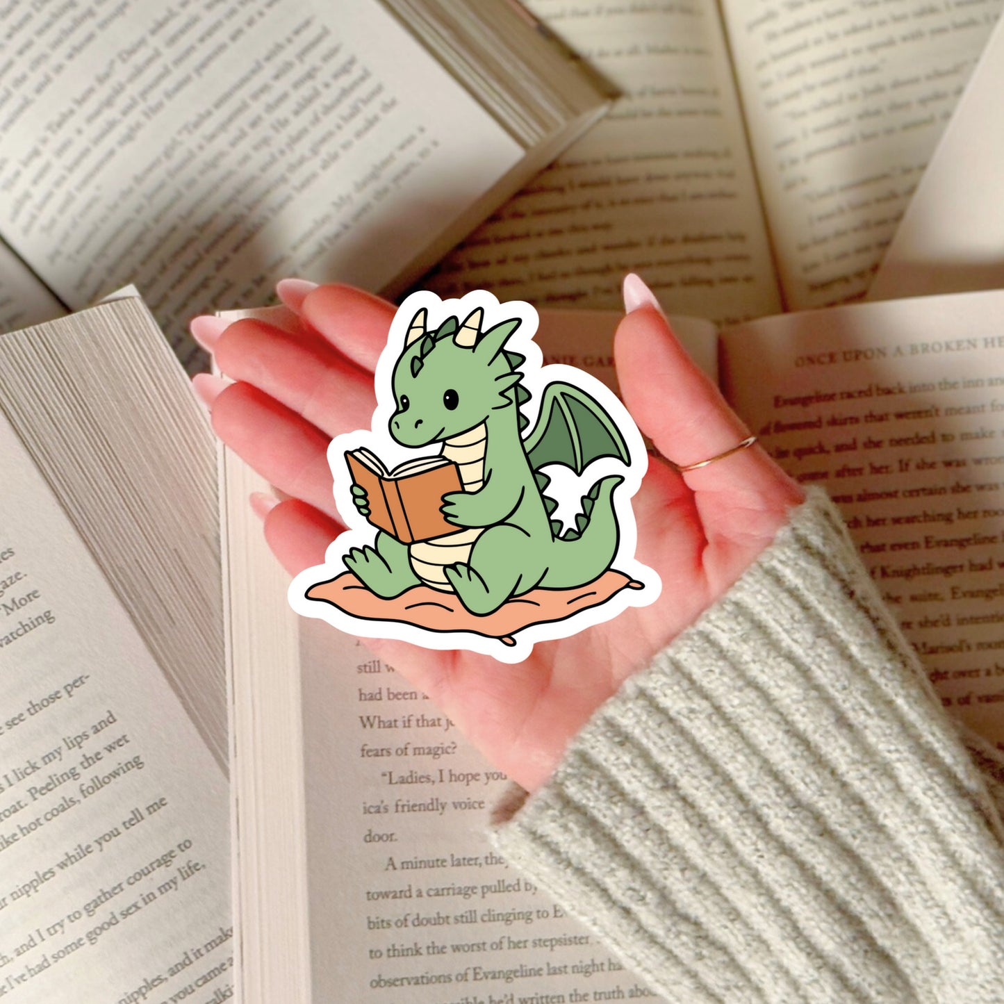 Dragon Reading Books – 3" Waterproof Bookish Sticker with Holo Overlay – Reading, Books, Reader Gift, Book Lover