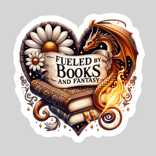 Fueled by Books and Fantasy Dragon Romantasy – 3" Waterproof Bookish Sticker with Holo Overlay – Reading, Books, Reader Gift, Book Lover