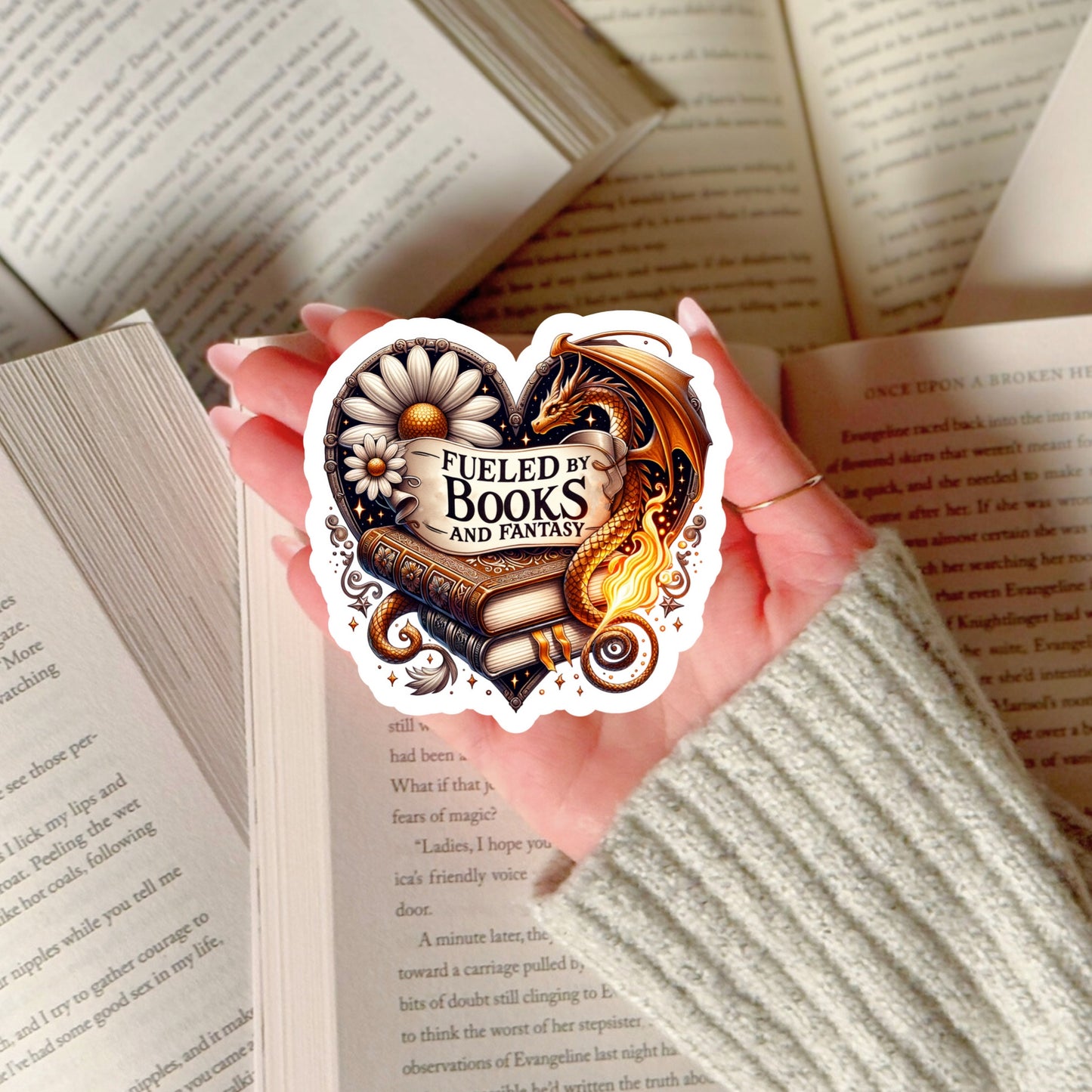 Fueled by Books and Fantasy Dragon Romantasy – 3" Waterproof Bookish Sticker with Holo Overlay – Reading, Books, Reader Gift, Book Lover