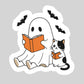 Cute Halloween Ghost Reading WIth Kitty Cat – 3" Waterproof Bookish Sticker with Holo Overlay – Reading, Books, Reader Gift, Book Lover