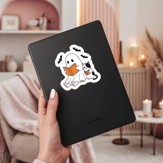 Cute Halloween Ghost Reading WIth Kitty Cat – 3" Waterproof Bookish Sticker with Holo Overlay – Reading, Books, Reader Gift, Book Lover