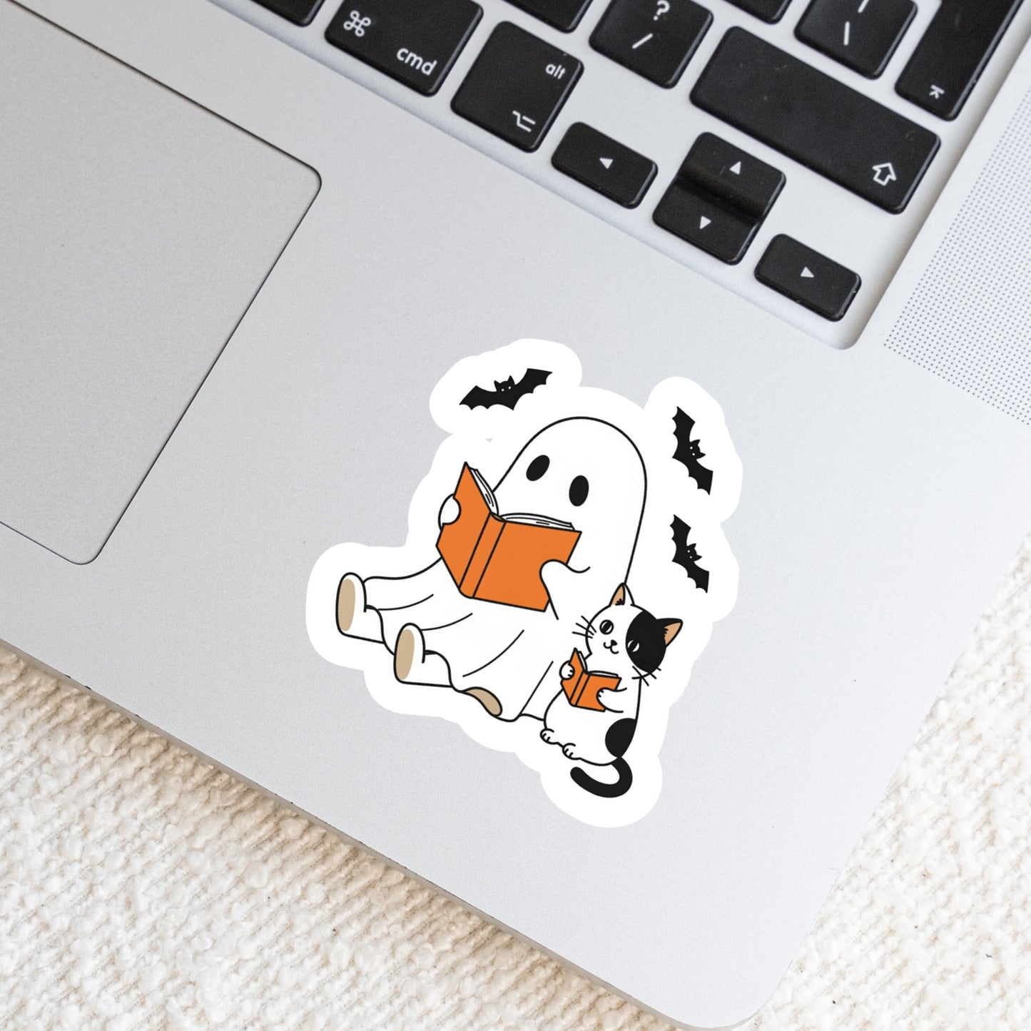 Cute Halloween Ghost Reading WIth Kitty Cat – 3" Waterproof Bookish Sticker with Holo Overlay – Reading, Books, Reader Gift, Book Lover