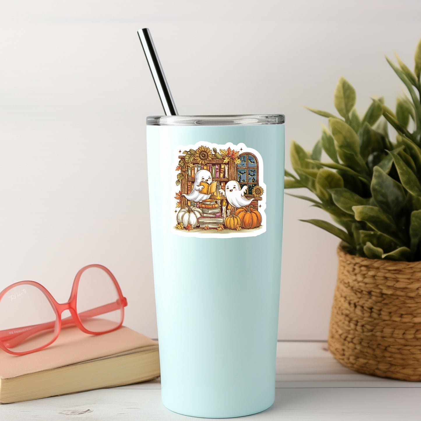 Fall Themed Ghosts Reading Books – 3" Waterproof Bookish Sticker with Holo Overlay – Reading, Books, Reader Gift, Book Lover