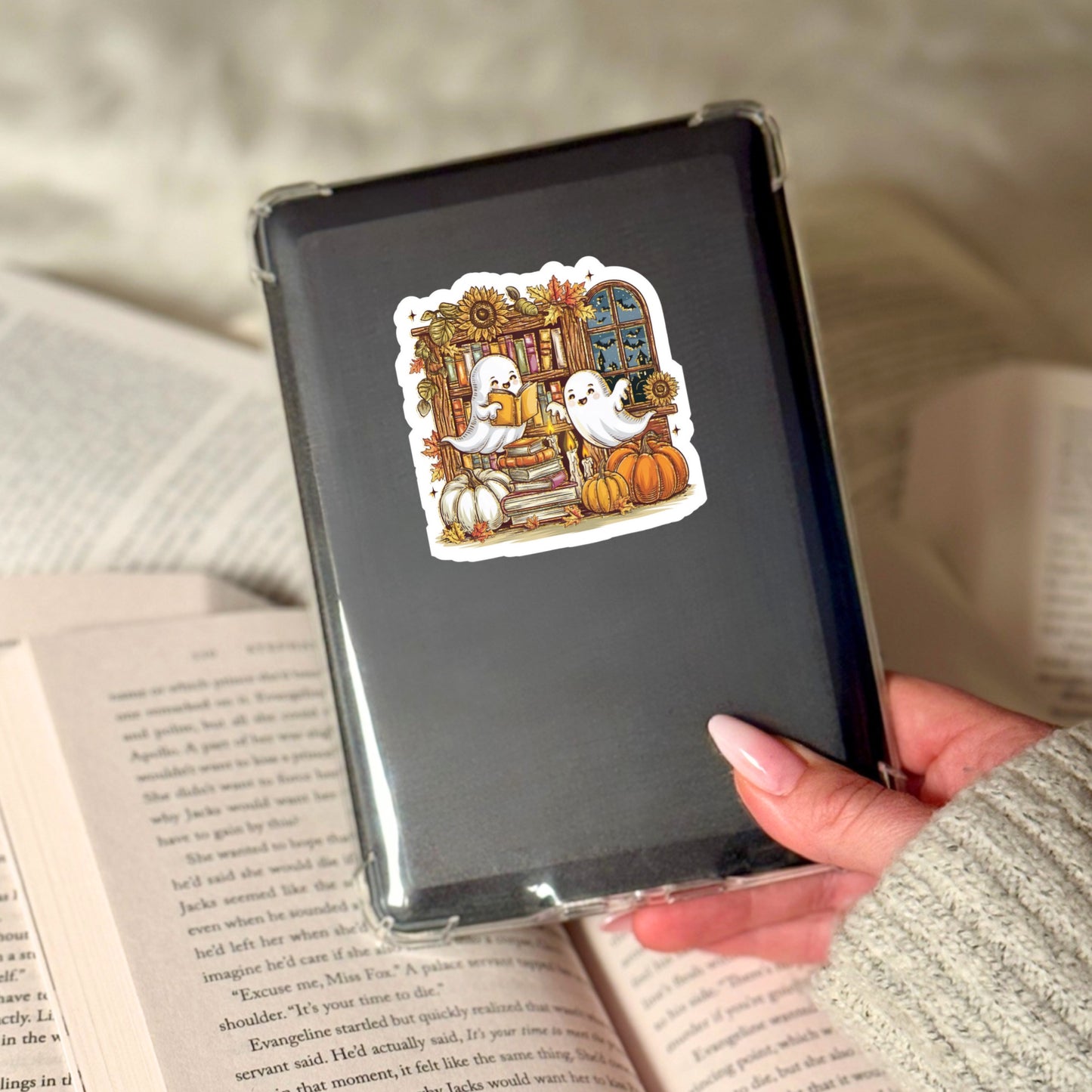 Fall Themed Ghosts Reading Books – 3" Waterproof Bookish Sticker with Holo Overlay – Reading, Books, Reader Gift, Book Lover