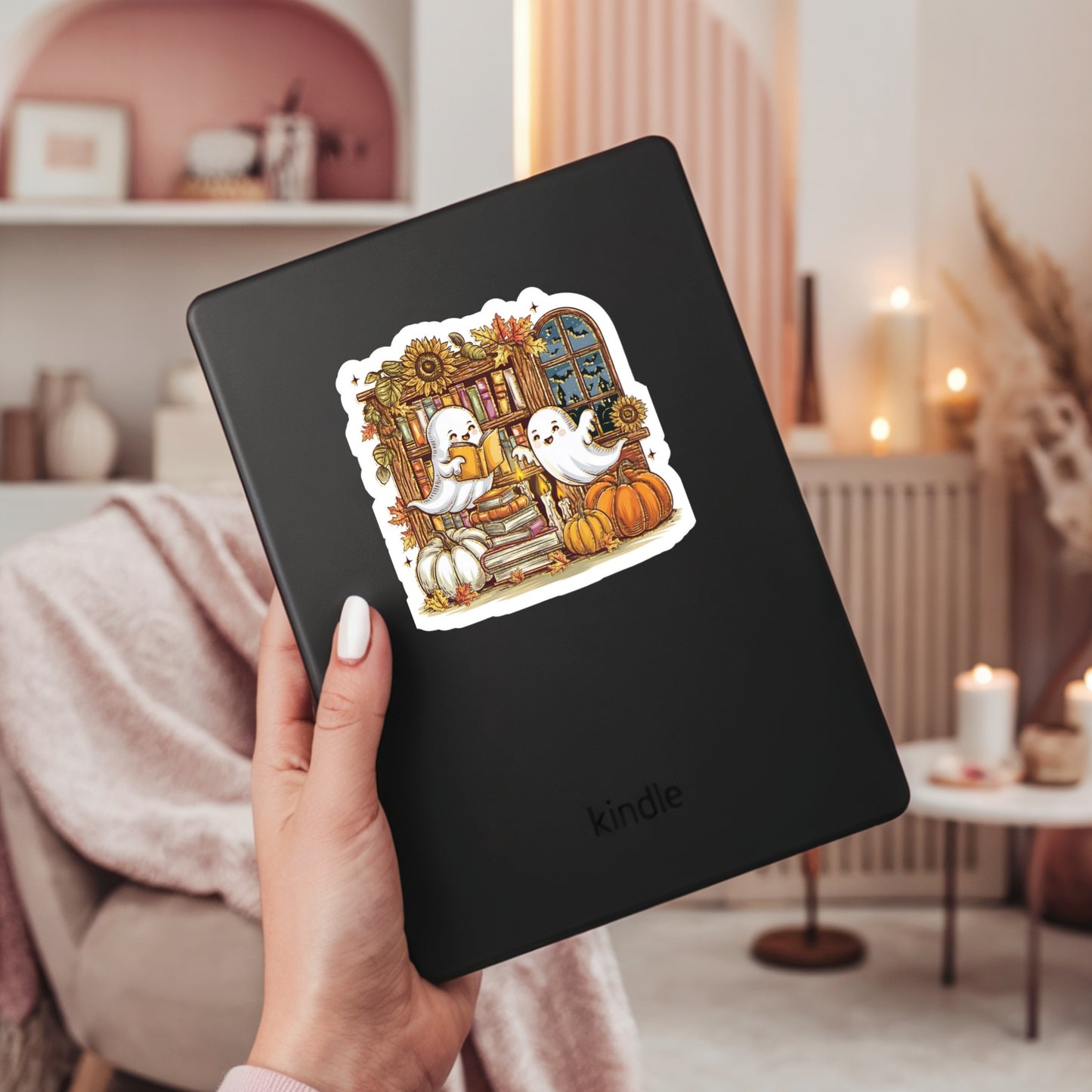 Fall Themed Ghosts Reading Books – 3" Waterproof Bookish Sticker with Holo Overlay – Reading, Books, Reader Gift, Book Lover